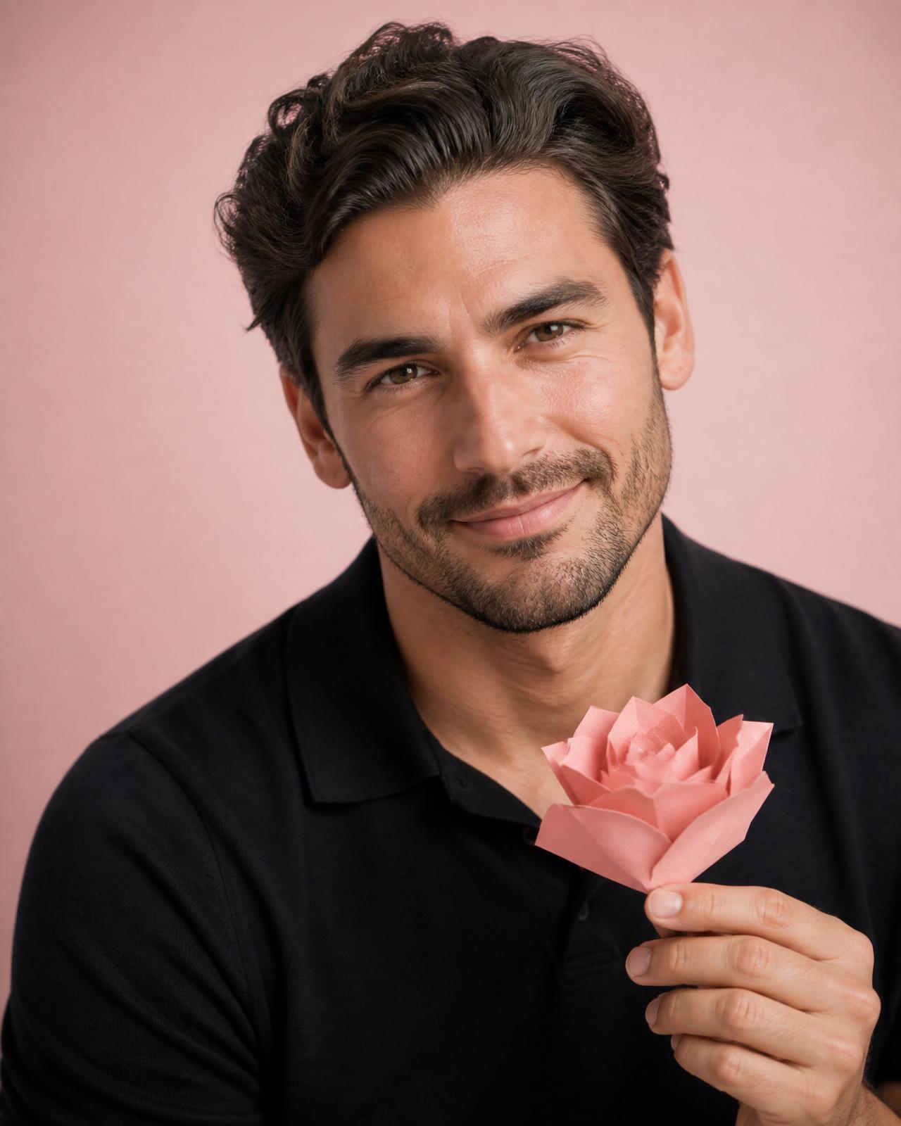 A Pamper Boy holding a pink paper rose